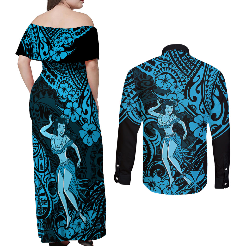 Hawaii Hula Girl Couples Matching Off Shoulder Maxi Dress and Long Sleeve Button Shirts Hibiscus Hawaii Tribal Tattoo Sky Blue Version LT01 - Polynesian Pride