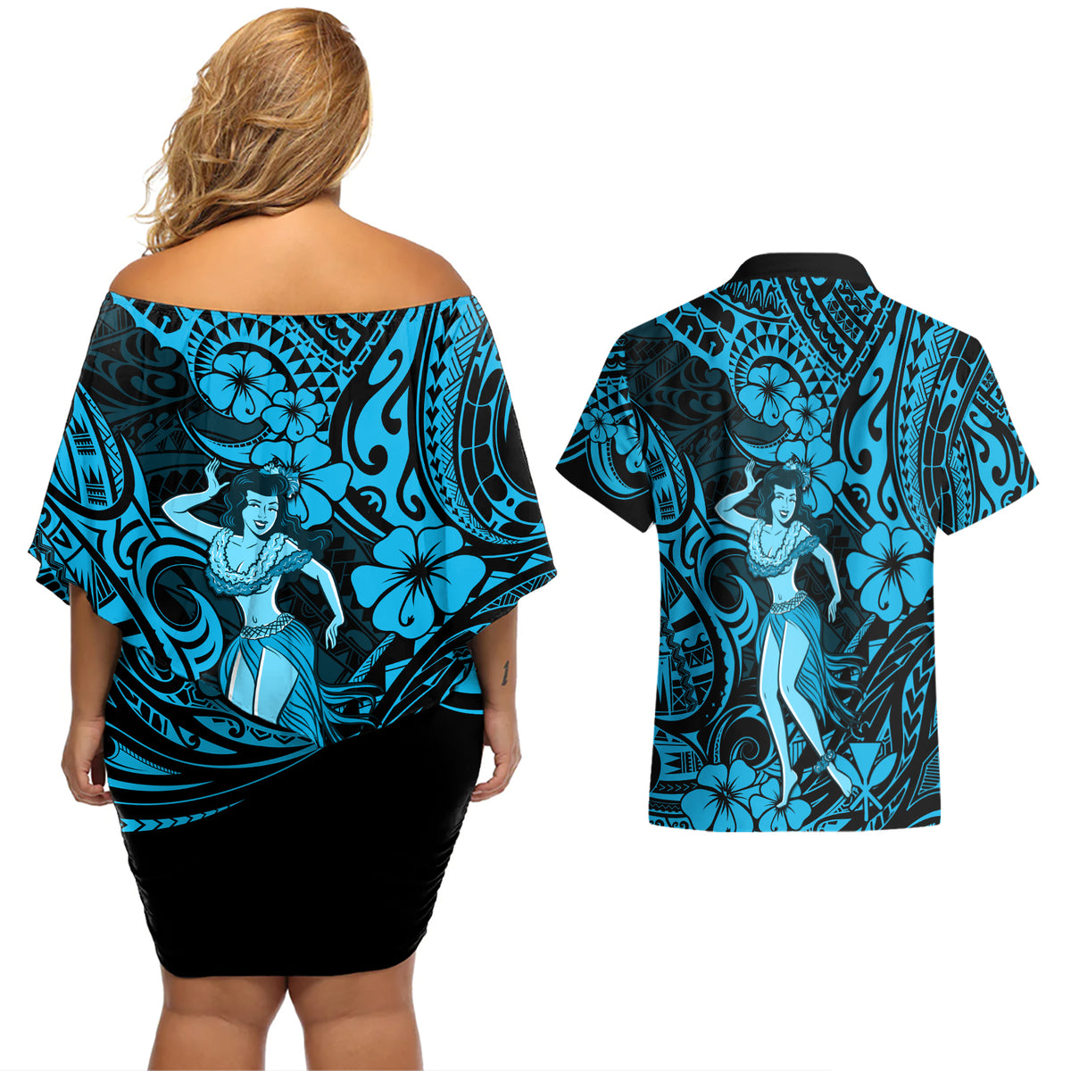 Hawaii Hula Girl Couples Matching Off Shoulder Short Dress and Hawaiian Shirt Hibiscus Hawaii Tribal Tattoo Sky Blue Version LT01 - Polynesian Pride