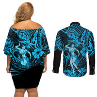 Hawaii Hula Girl Couples Matching Off Shoulder Short Dress and Long Sleeve Button Shirts Hibiscus Hawaii Tribal Tattoo Sky Blue Version LT01 - Polynesian Pride