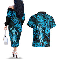 Hawaii Hula Girl Couples Matching Off The Shoulder Long Sleeve Dress and Hawaiian Shirt Hibiscus Hawaii Tribal Tattoo Sky Blue Version LT01 - Polynesian Pride
