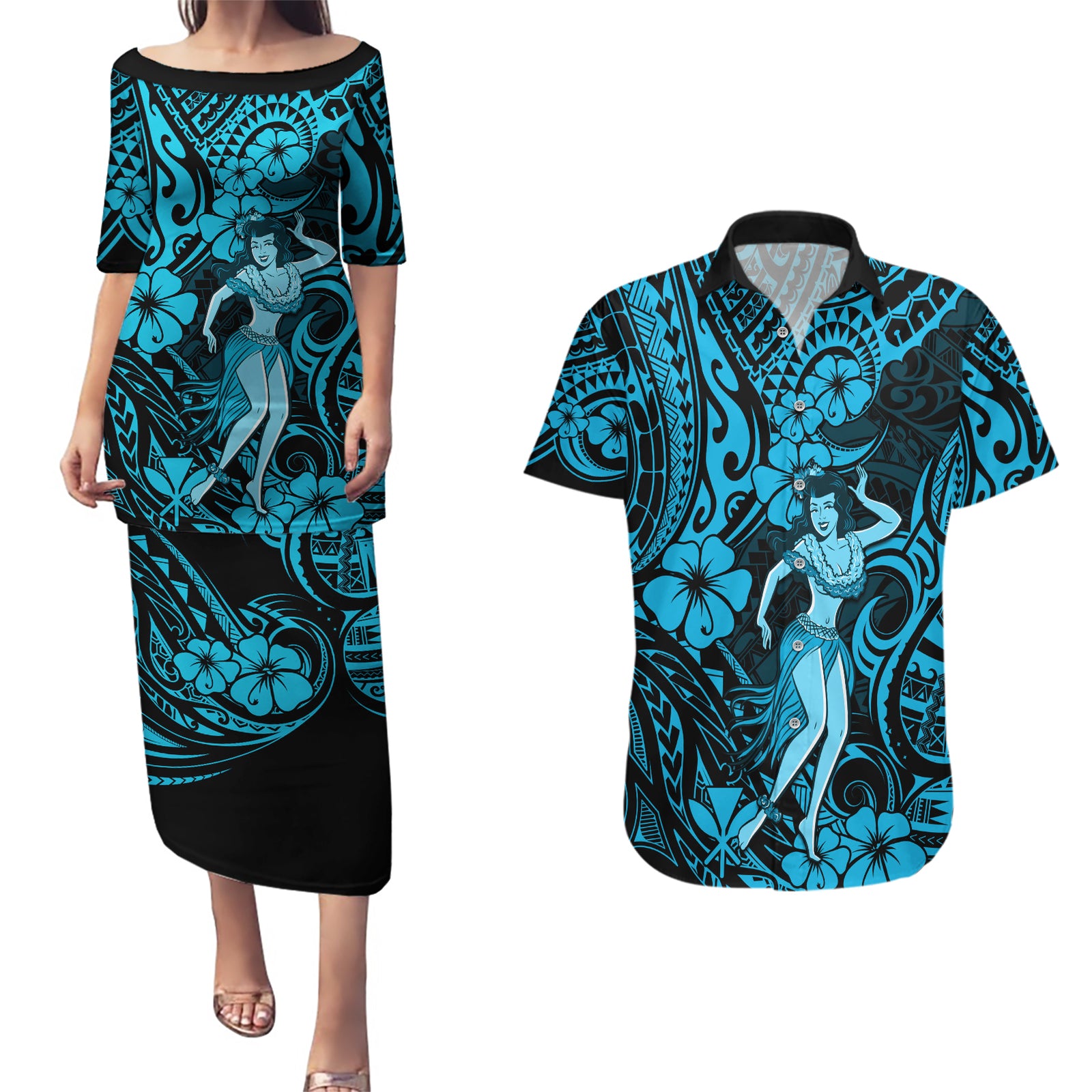 Hawaii Hula Girl Couples Matching Puletasi Dress and Hawaiian Shirt Hibiscus Hawaii Tribal Tattoo Sky Blue Version LT01 Blue - Polynesian Pride