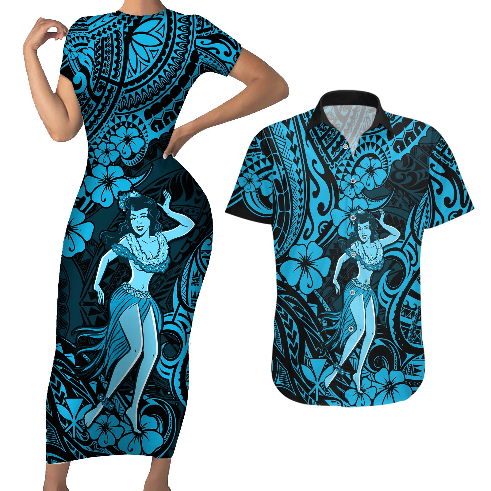 Hawaii Hula Girl Couples Matching Short Sleeve Bodycon Dress and Hawaiian Shirt Hibiscus Hawaii Tribal Tattoo Sky Blue Version LT01 Blue - Polynesian Pride