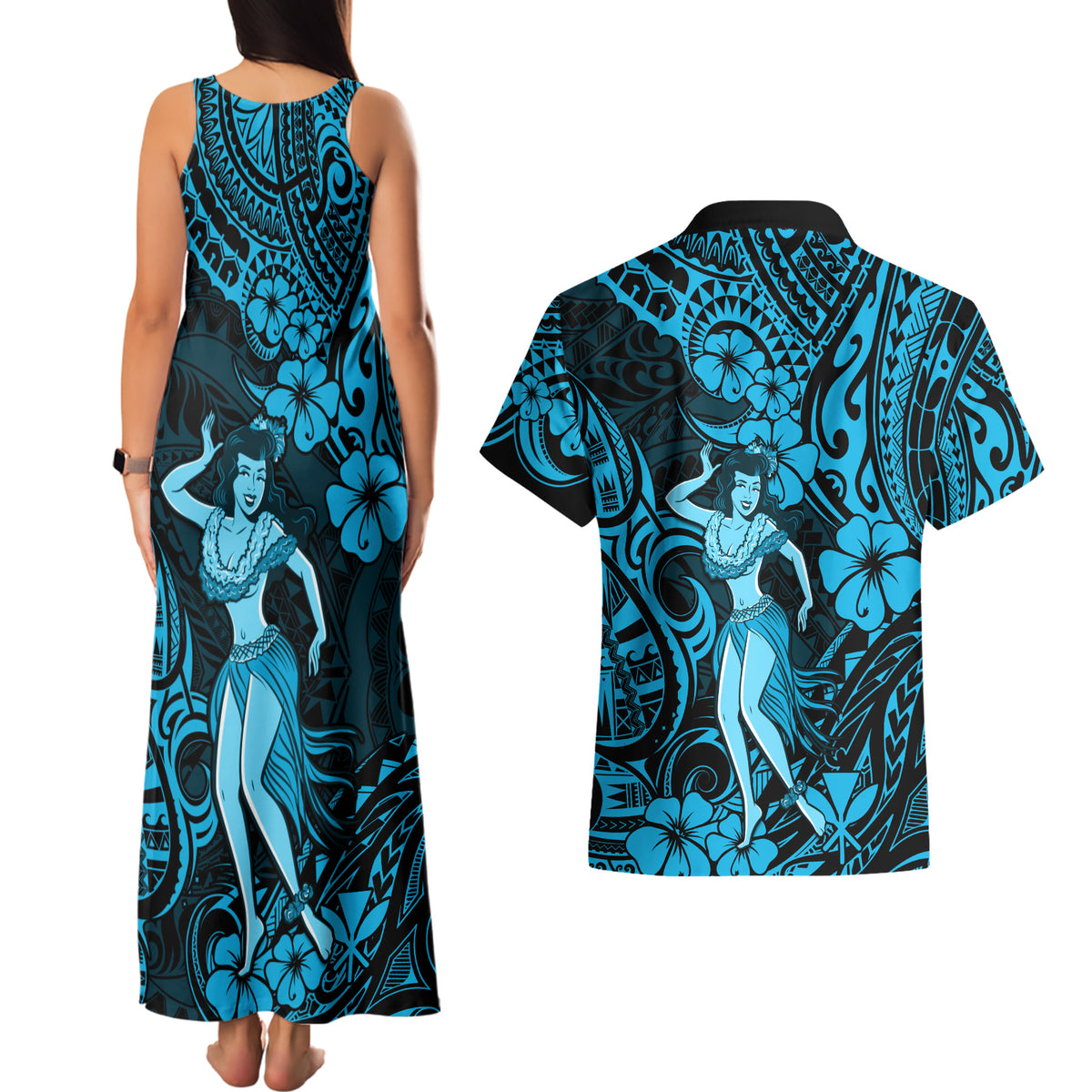 Hawaii Hula Girl Couples Matching Tank Maxi Dress and Hawaiian Shirt Hibiscus Hawaii Tribal Tattoo Sky Blue Version LT01 - Polynesian Pride