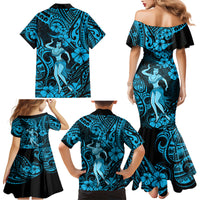 Hawaii Hula Girl Family Matching Mermaid Dress and Hawaiian Shirt Hibiscus Hawaii Tribal Tattoo Sky Blue Version LT01 - Polynesian Pride