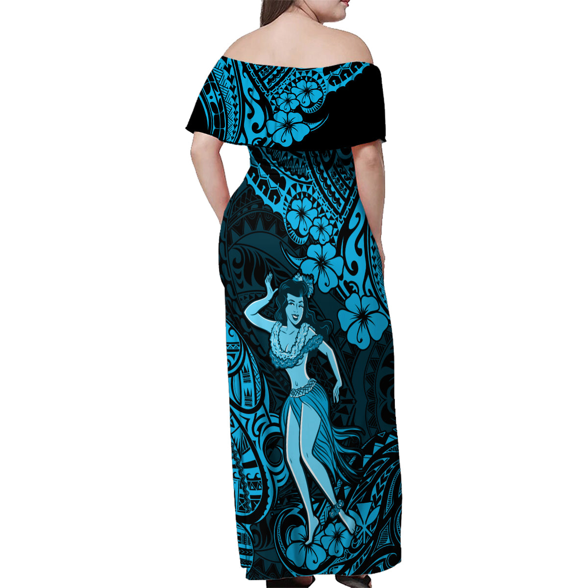Hawaii Hula Girl Family Matching Off Shoulder Maxi Dress and Hawaiian Shirt Hibiscus Hawaii Tribal Tattoo Sky Blue Version LT01 - Polynesian Pride