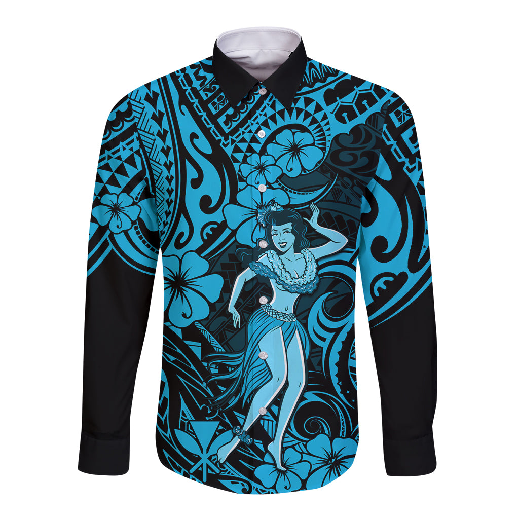 Hawaii Hula Girl Long Sleeve Button Shirt Hibiscus Hawaii Tribal Tattoo Sky Blue Version LT01 Unisex Blue - Polynesian Pride