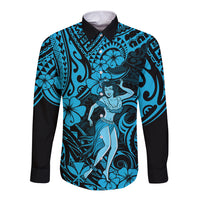 Hawaii Hula Girl Long Sleeve Button Shirt Hibiscus Hawaii Tribal Tattoo Sky Blue Version LT01 Unisex Blue - Polynesian Pride