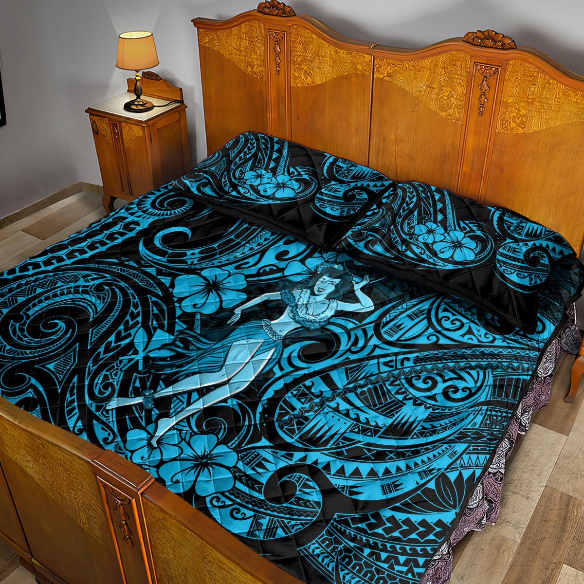 Hawaii Hula Girl Quilt Bed Set Hibiscus Hawaii Tribal Tattoo Sky Blue Version LT01 - Polynesian Pride