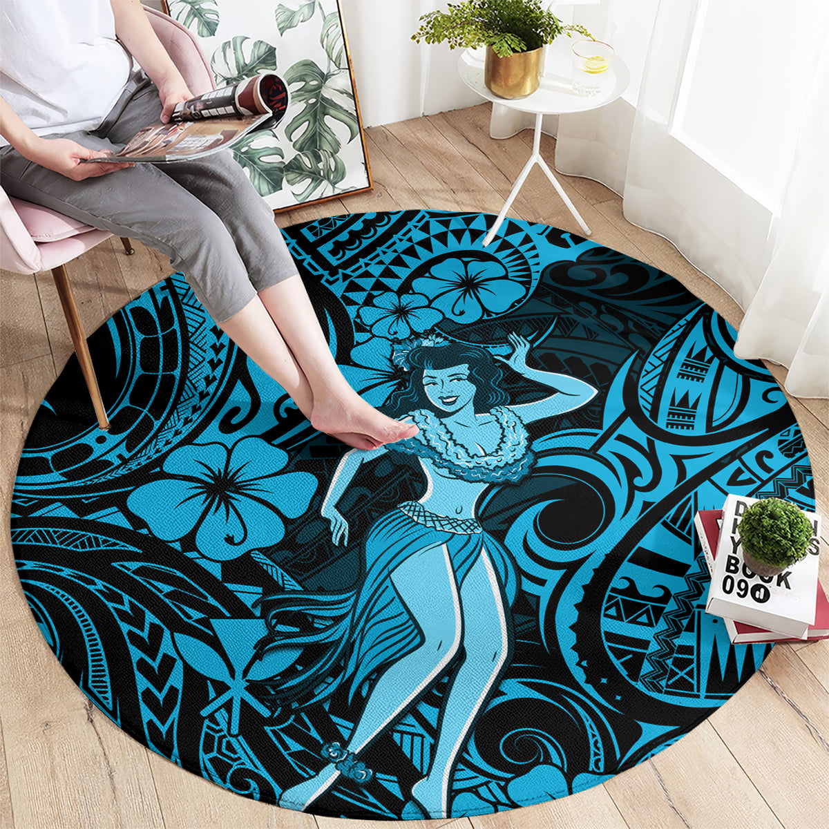 Hawaii Hula Girl Round Carpet Hibiscus Hawaii Tribal Tattoo Sky Blue Version LT01 - Polynesian Pride