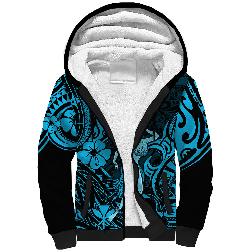 Hawaii Hula Girl Sherpa Hoodie Hibiscus Hawaii Tribal Tattoo Sky Blue Version LT01 Unisex Blue - Polynesian Pride