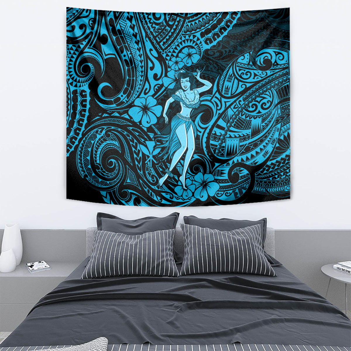 Hawaii Hula Girl Tapestry Hibiscus Hawaii Tribal Tattoo Sky Blue Version LT01 - Polynesian Pride