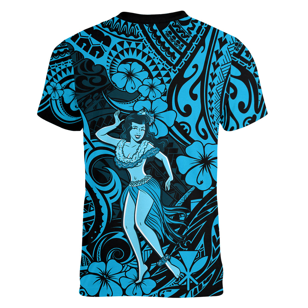 Hawaii Hula Girl Women V Neck T Shirt Hibiscus Hawaii Tribal Tattoo Sky Blue Version LT01 - Polynesian Pride