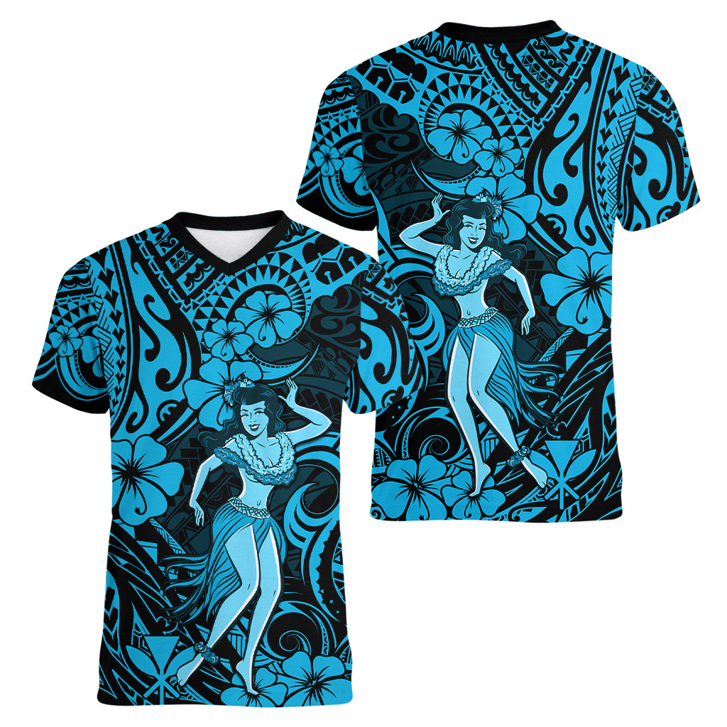 Hawaii Hula Girl Women V Neck T Shirt Hibiscus Hawaii Tribal Tattoo Sky Blue Version LT01 - Polynesian Pride
