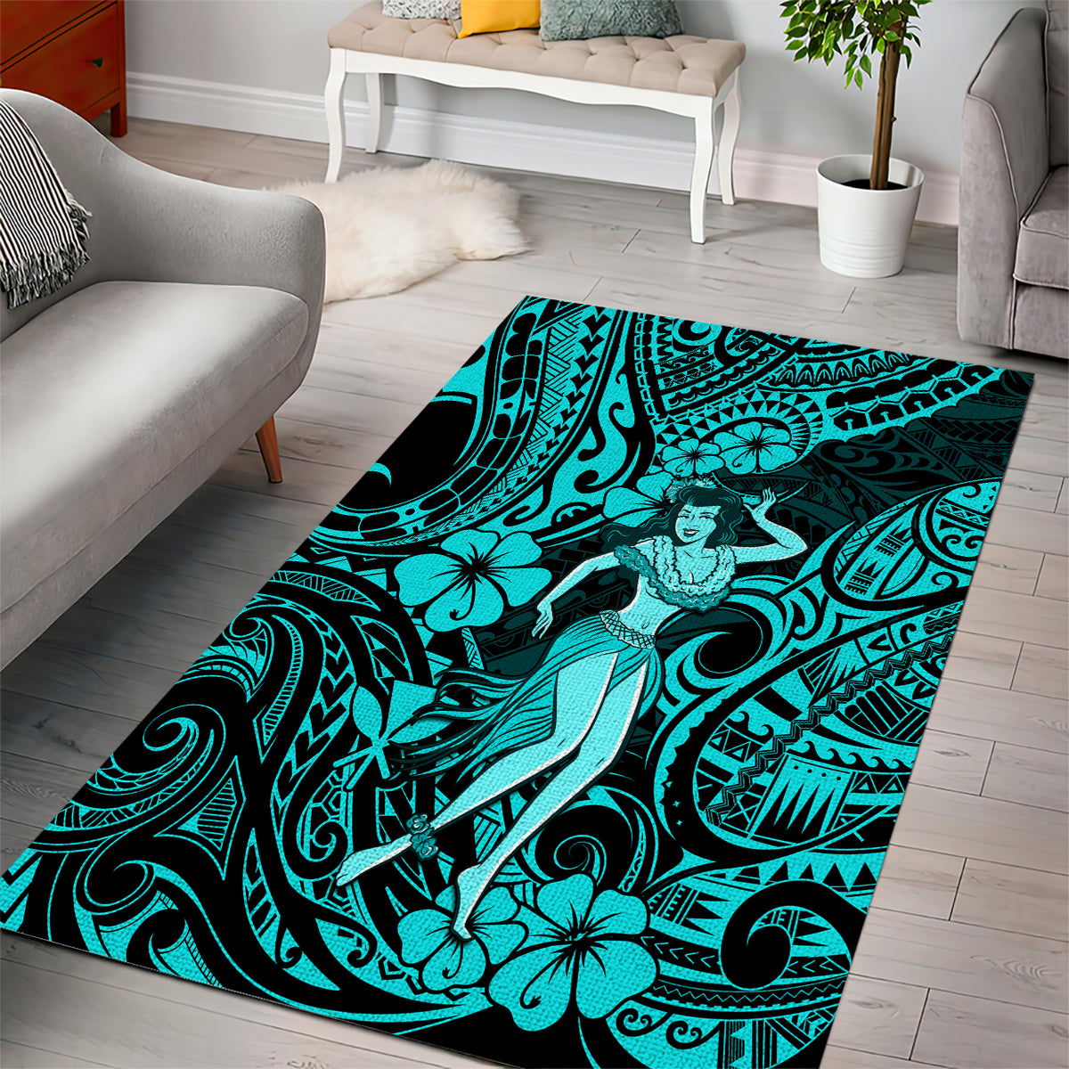 Hawaii Hula Girl Area Rug Hibiscus Hawaii Tribal Tattoo Turquoise Version LT01 - Polynesian Pride