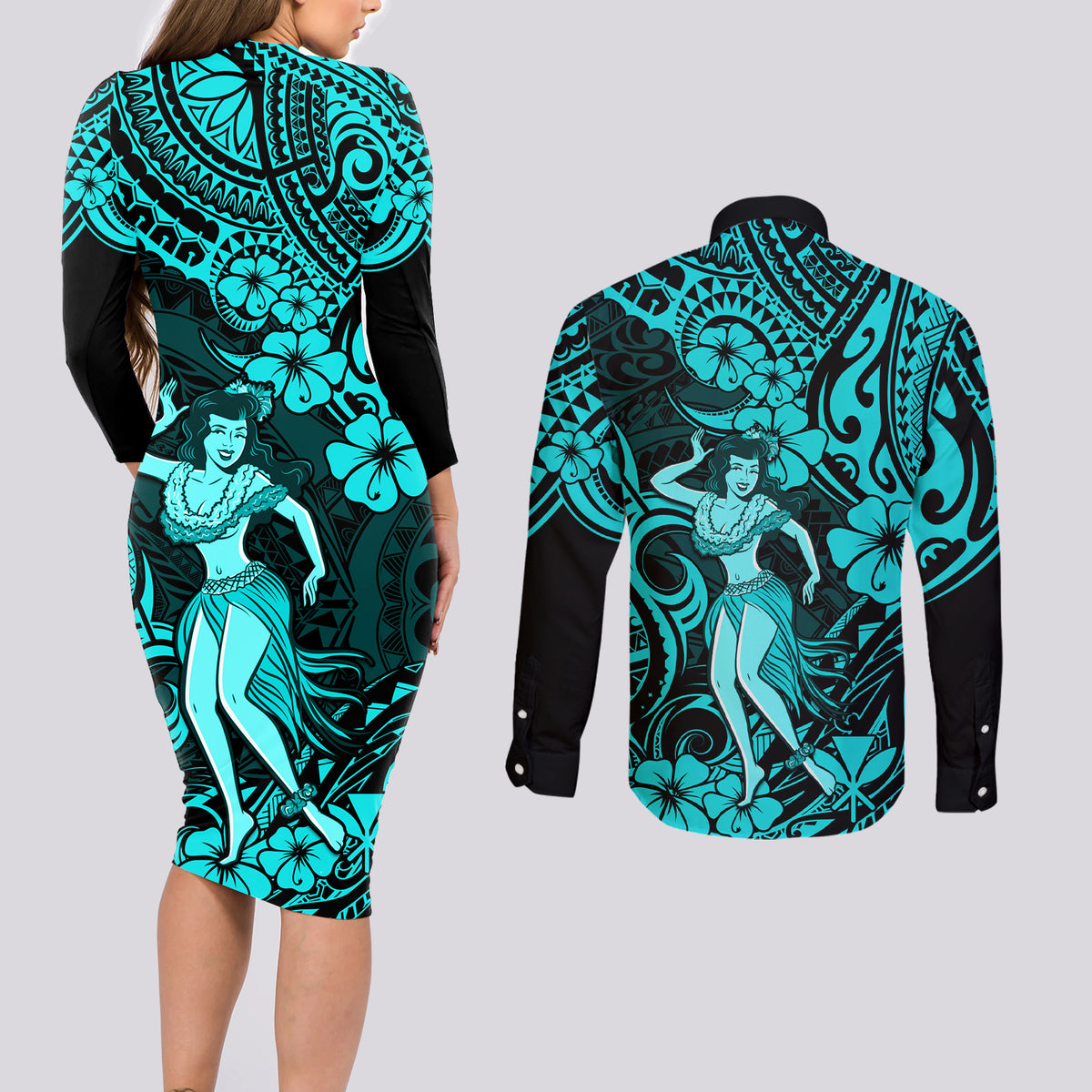 Hawaii Hula Girl Couples Matching Long Sleeve Bodycon Dress and Long Sleeve Button Shirts Hibiscus Hawaii Tribal Tattoo Turquoise Version LT01 - Polynesian Pride