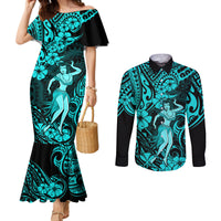Hawaii Hula Girl Couples Matching Mermaid Dress and Long Sleeve Button Shirts Hibiscus Hawaii Tribal Tattoo Turquoise Version LT01 Turquoise - Polynesian Pride