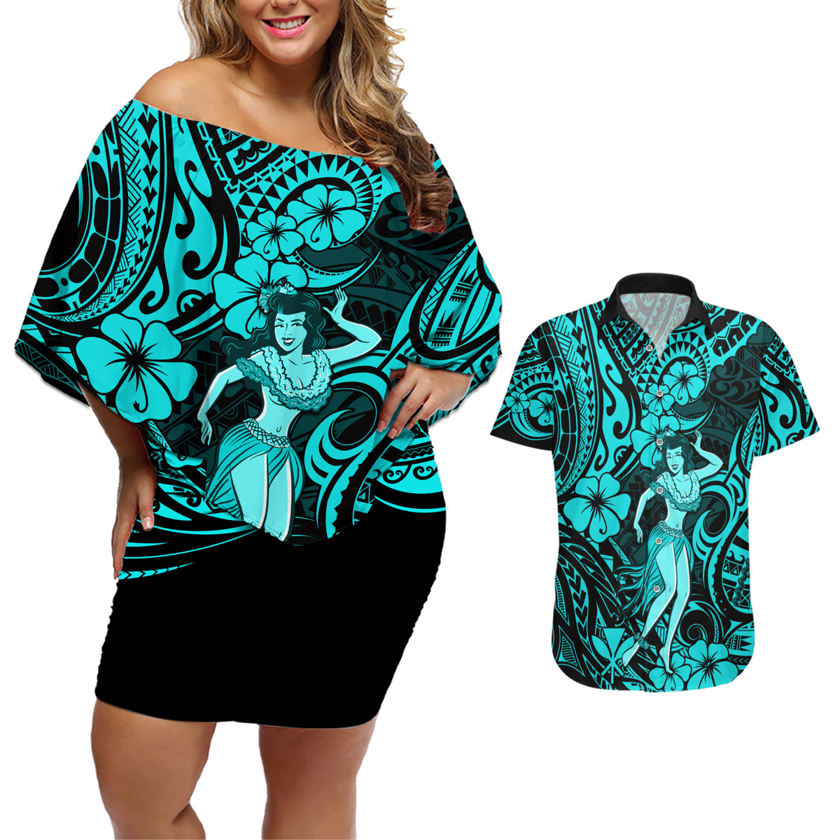 Hawaii Hula Girl Couples Matching Off Shoulder Short Dress and Hawaiian Shirt Hibiscus Hawaii Tribal Tattoo Turquoise Version LT01 Turquoise - Polynesian Pride