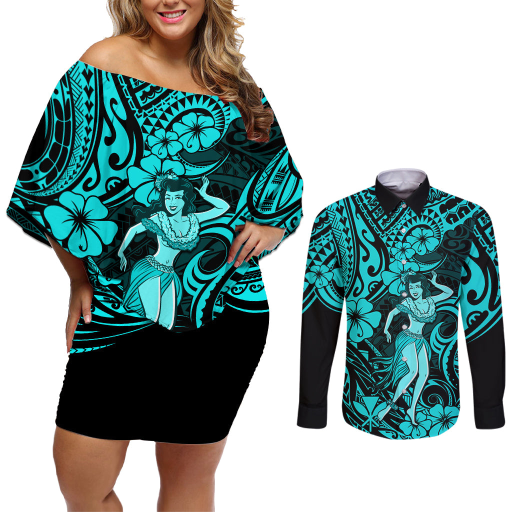 Hawaii Hula Girl Couples Matching Off Shoulder Short Dress and Long Sleeve Button Shirts Hibiscus Hawaii Tribal Tattoo Turquoise Version LT01 Turquoise - Polynesian Pride