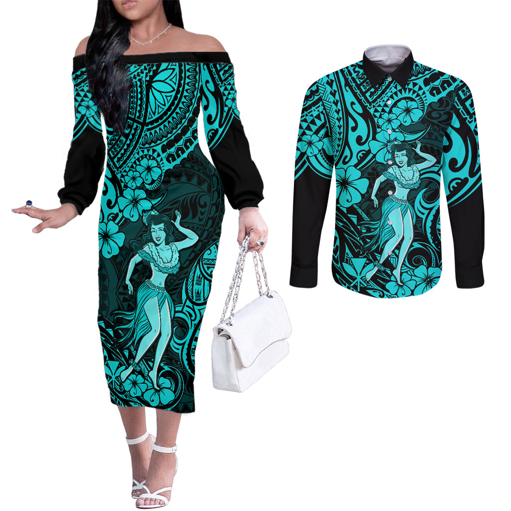 Hawaii Hula Girl Couples Matching Off The Shoulder Long Sleeve Dress and Long Sleeve Button Shirts Hibiscus Hawaii Tribal Tattoo Turquoise Version LT01 Turquoise - Polynesian Pride