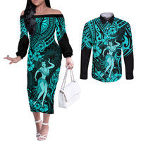 Hawaii Hula Girl Couples Matching Off The Shoulder Long Sleeve Dress and Long Sleeve Button Shirts Hibiscus Hawaii Tribal Tattoo Turquoise Version LT01 Turquoise - Polynesian Pride