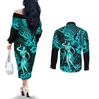 Hawaii Hula Girl Couples Matching Off The Shoulder Long Sleeve Dress and Long Sleeve Button Shirts Hibiscus Hawaii Tribal Tattoo Turquoise Version LT01 - Polynesian Pride