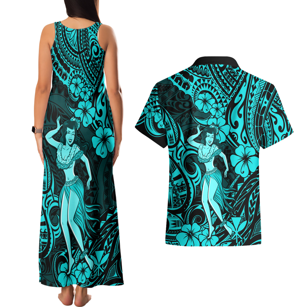 Hawaii Hula Girl Couples Matching Tank Maxi Dress and Hawaiian Shirt Hibiscus Hawaii Tribal Tattoo Turquoise Version LT01 - Polynesian Pride