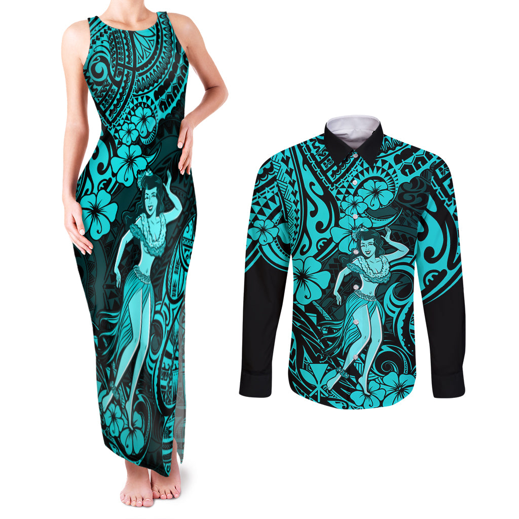 Hawaii Hula Girl Couples Matching Tank Maxi Dress and Long Sleeve Button Shirts Hibiscus Hawaii Tribal Tattoo Turquoise Version LT01 Turquoise - Polynesian Pride