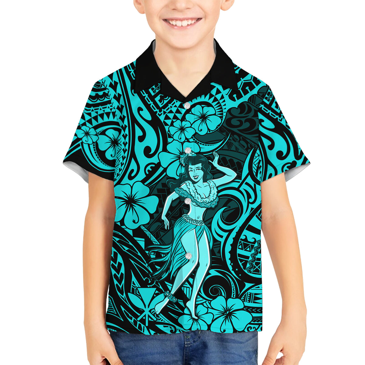 Hawaii Hula Girl Family Matching Long Sleeve Bodycon Dress and Hawaiian Shirt Hibiscus Hawaii Tribal Tattoo Turquoise Version LT01 Son's Shirt Turquoise - Polynesian Pride