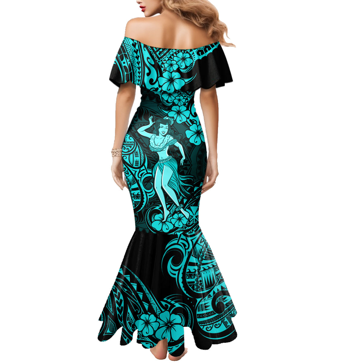 Hawaii Hula Girl Family Matching Mermaid Dress and Hawaiian Shirt Hibiscus Hawaii Tribal Tattoo Turquoise Version LT01 - Polynesian Pride