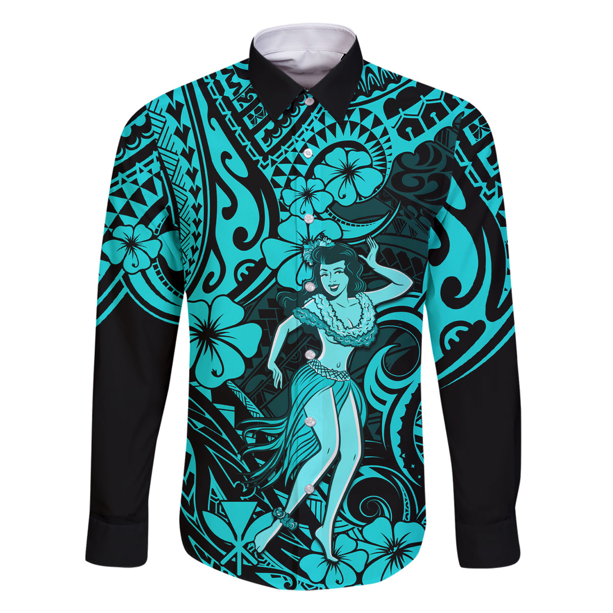 Hawaii Hula Girl Family Matching Off Shoulder Short Dress and Hawaiian Shirt Hibiscus Hawaii Tribal Tattoo Turquoise Version LT01 Dad's Shirt - Long Sleeve Turquoise - Polynesian Pride