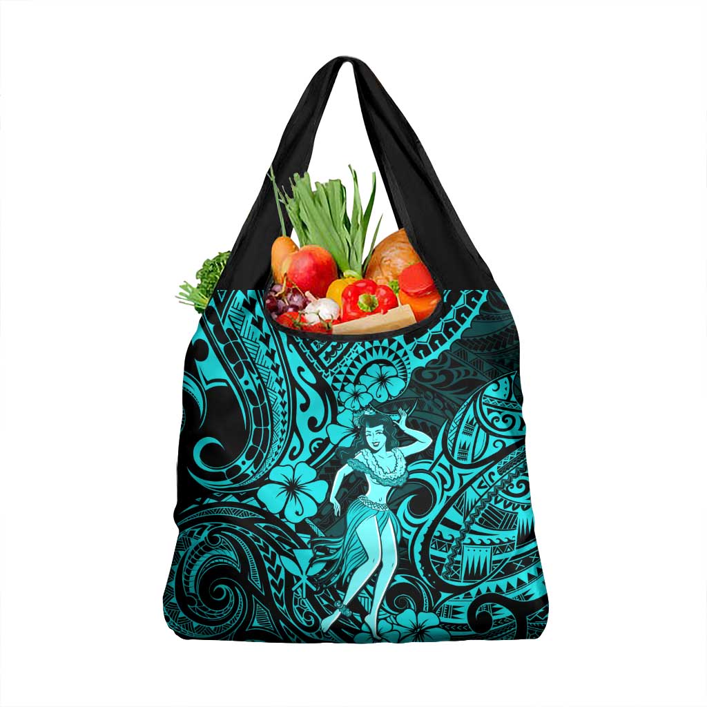 Hawaii Hula Girl Grocery Bag Hibiscus Hawaii Tribal Tattoo Turquoise Version