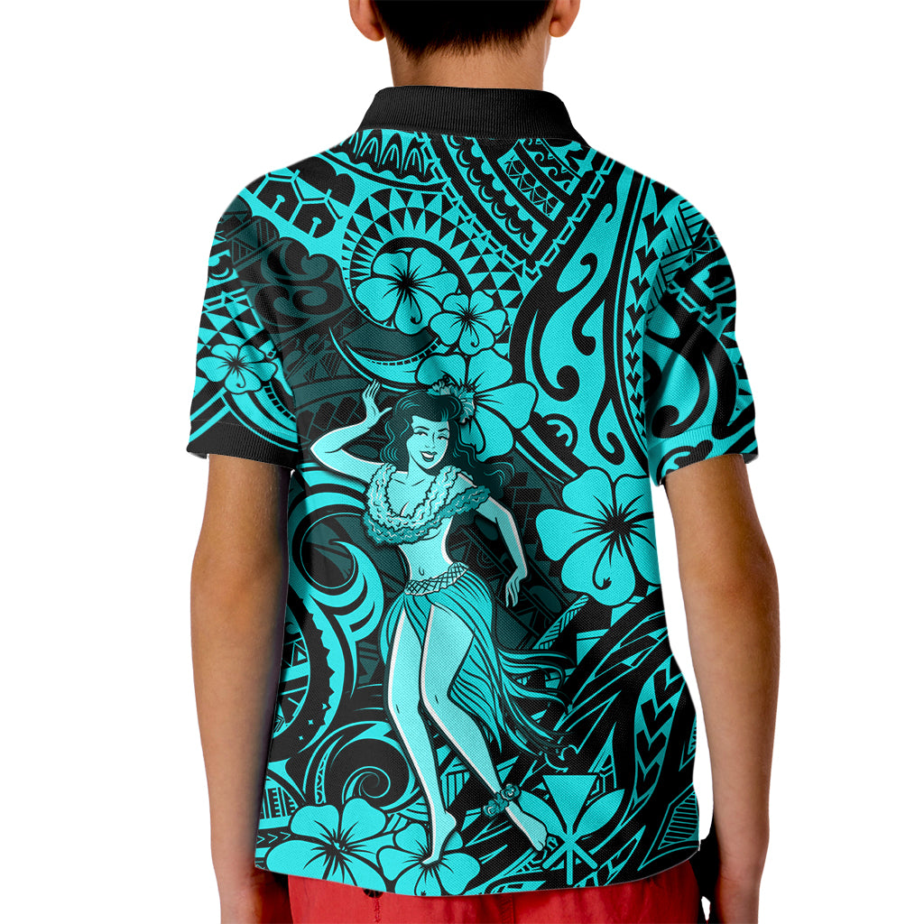 Hawaii Hula Girl Kid Polo Shirt Hibiscus Hawaii Tribal Tattoo Turquoise Version LT01 - Polynesian Pride