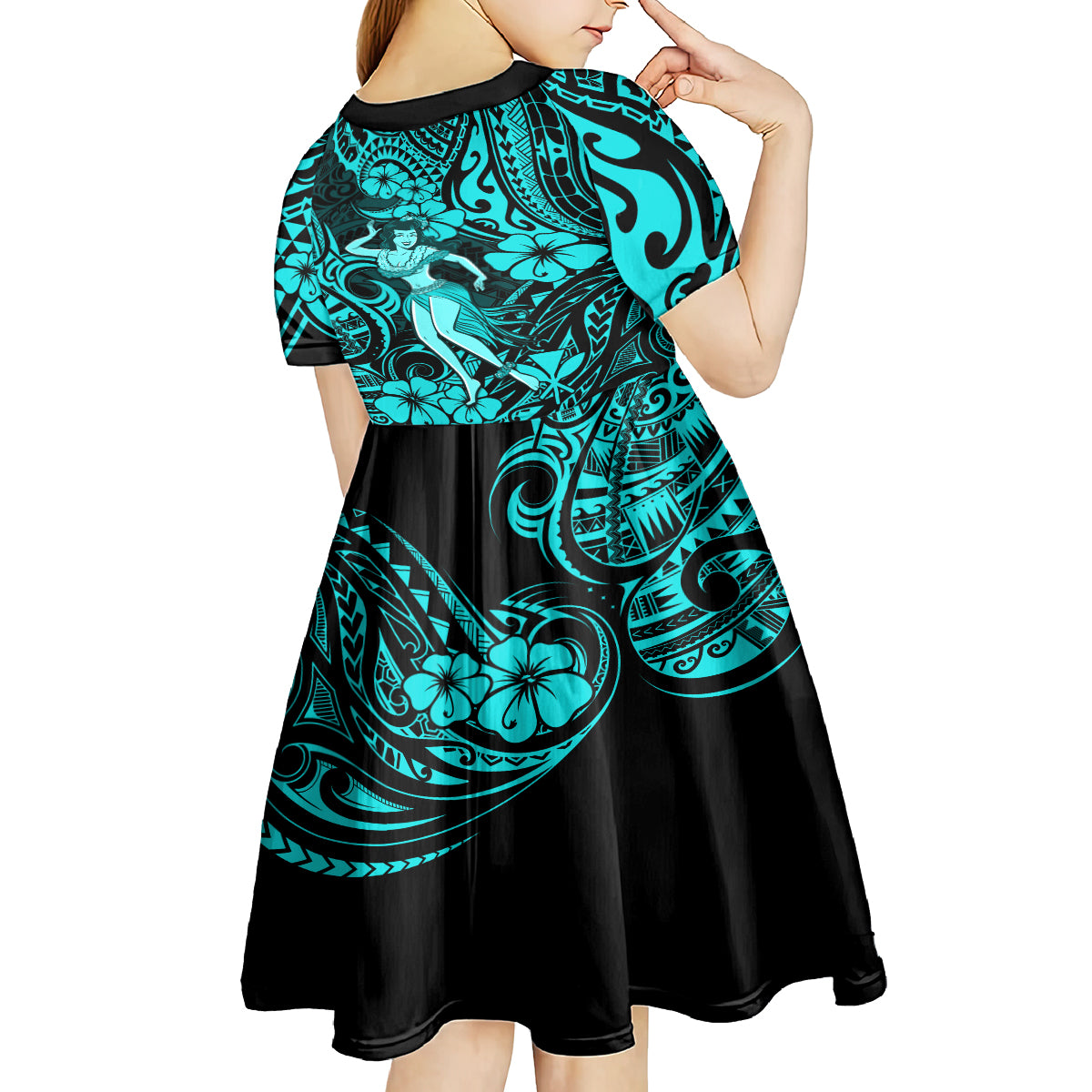 Hawaii Hula Girl Kid Short Sleeve Dress Hibiscus Hawaii Tribal Tattoo Turquoise Version LT01 - Polynesian Pride