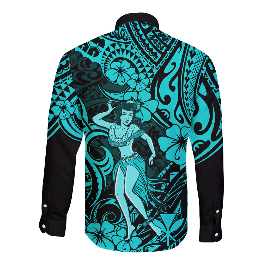 Hawaii Hula Girl Long Sleeve Button Shirt Hibiscus Hawaii Tribal Tattoo Turquoise Version LT01 - Polynesian Pride