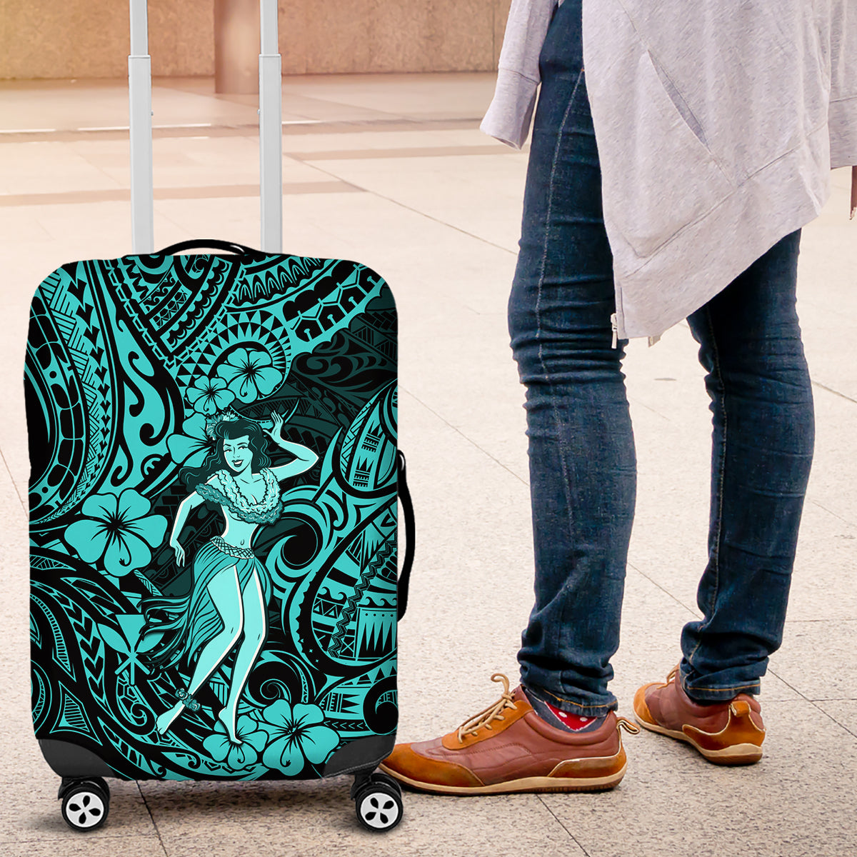 Hawaii Hula Girl Luggage Cover Hibiscus Hawaii Tribal Tattoo Turquoise Version LT01 Turquoise - Polynesian Pride