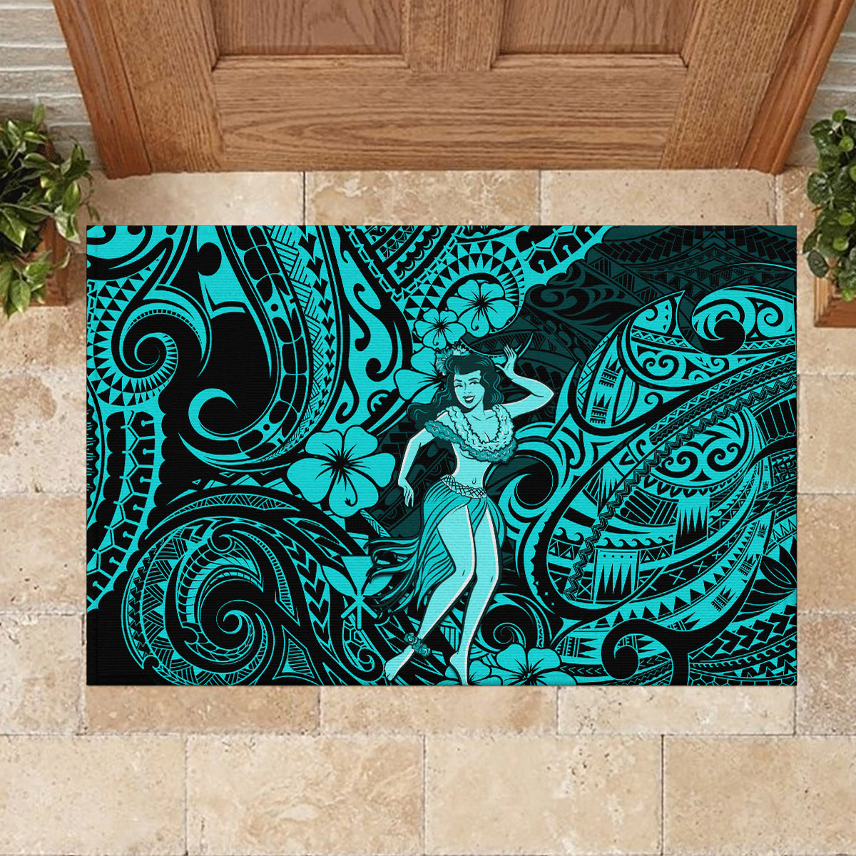 Hawaii Hula Girl Rubber Doormat Hibiscus Hawaii Tribal Tattoo Turquoise Version LT01 - Polynesian Pride
