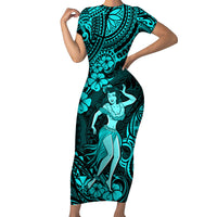 Hawaii Hula Girl Short Sleeve Bodycon Dress Hibiscus Hawaii Tribal Tattoo Turquoise Version LT01 Long Dress Turquoise - Polynesian Pride