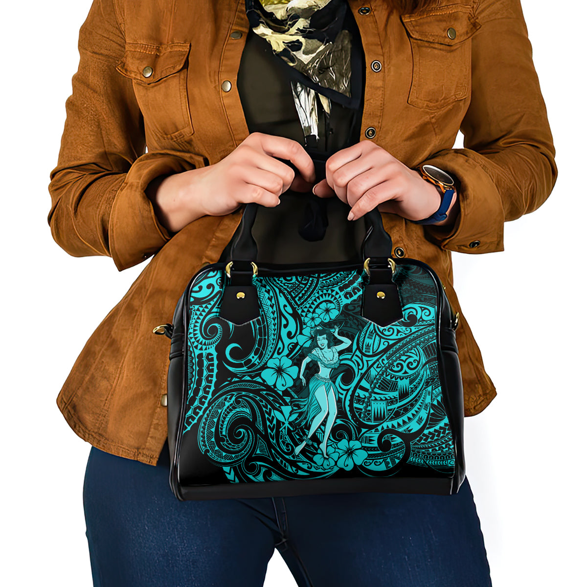 Hawaii Hula Girl Shoulder Handbag Hibiscus Hawaii Tribal Tattoo Turquoise Version LT01 - Polynesian Pride