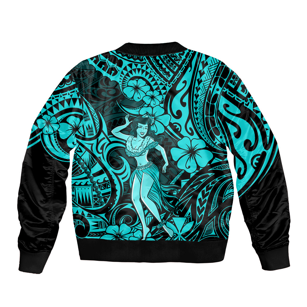 Hawaii Hula Girl Sleeve Zip Bomber Jacket Hibiscus Hawaii Tribal Tattoo Turquoise Version LT01 - Polynesian Pride