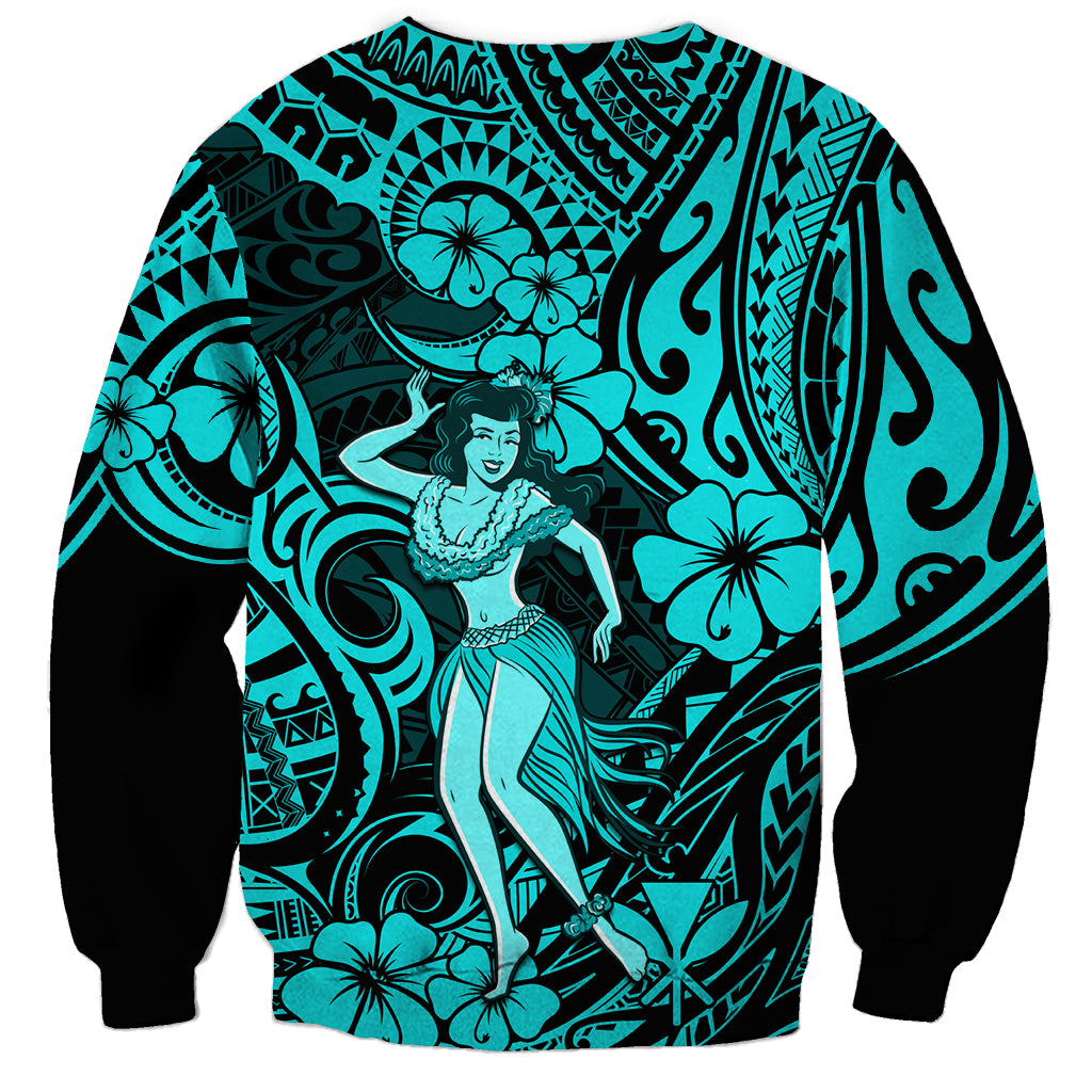 Hawaii Hula Girl Sweatshirt Hibiscus Hawaii Tribal Tattoo Turquoise Version LT01 - Polynesian Pride