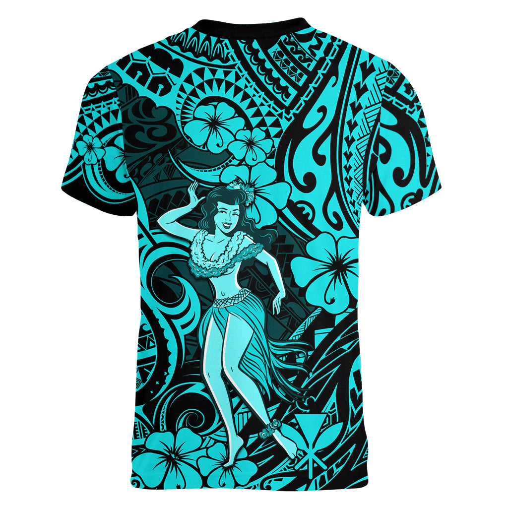 Hawaii Hula Girl Women V Neck T Shirt Hibiscus Hawaii Tribal Tattoo Turquoise Version LT01 - Polynesian Pride