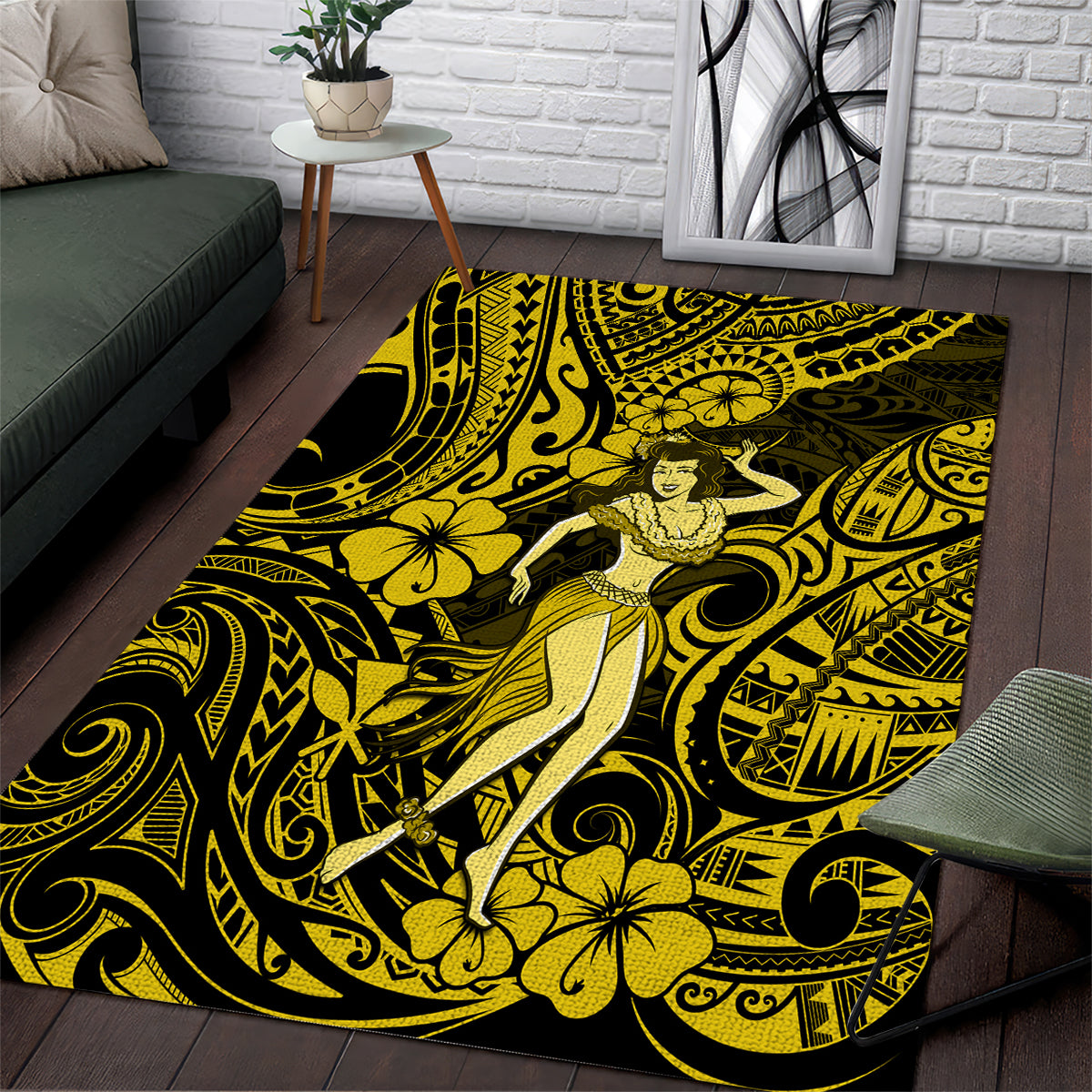 Hawaii Hula Girl Area Rug Hibiscus Hawaii Tribal Tattoo Yellow Version LT01 Yellow - Polynesian Pride