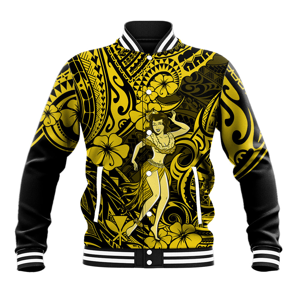 Hawaii Hula Girl Baseball Jacket Hibiscus Hawaii Tribal Tattoo Yellow Version LT01 Unisex Yellow - Polynesian Pride