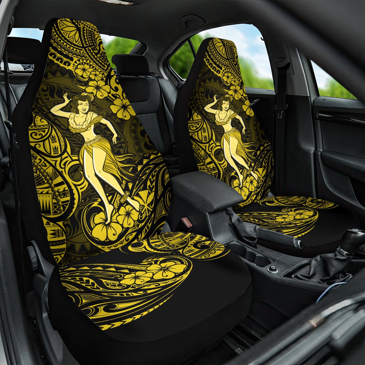 Hawaii Hula Girl Car Seat Cover Hibiscus Hawaii Tribal Tattoo Yellow Version LT01 One Size Yellow - Polynesian Pride