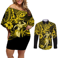 Hawaii Hula Girl Couples Matching Off Shoulder Short Dress and Long Sleeve Button Shirts Hibiscus Hawaii Tribal Tattoo Yellow Version LT01 Yellow - Polynesian Pride