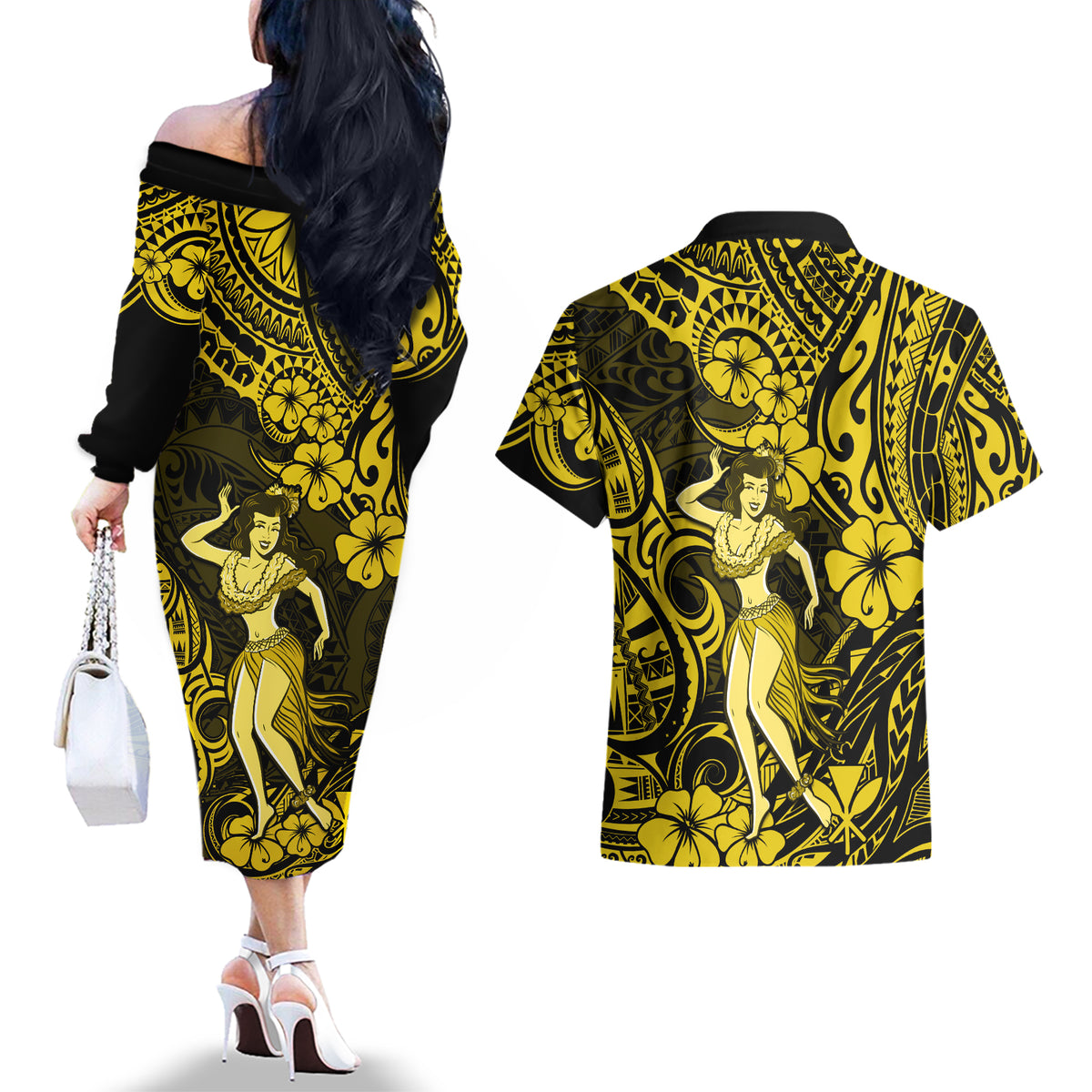 Hawaii Hula Girl Couples Matching Off The Shoulder Long Sleeve Dress and Hawaiian Shirt Hibiscus Hawaii Tribal Tattoo Yellow Version LT01 - Polynesian Pride