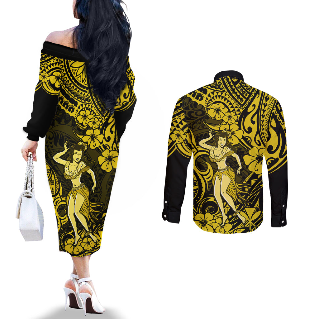 Hawaii Hula Girl Couples Matching Off The Shoulder Long Sleeve Dress and Long Sleeve Button Shirts Hibiscus Hawaii Tribal Tattoo Yellow Version LT01 - Polynesian Pride