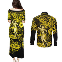 Hawaii Hula Girl Couples Matching Puletasi Dress and Long Sleeve Button Shirts Hibiscus Hawaii Tribal Tattoo Yellow Version LT01 - Polynesian Pride