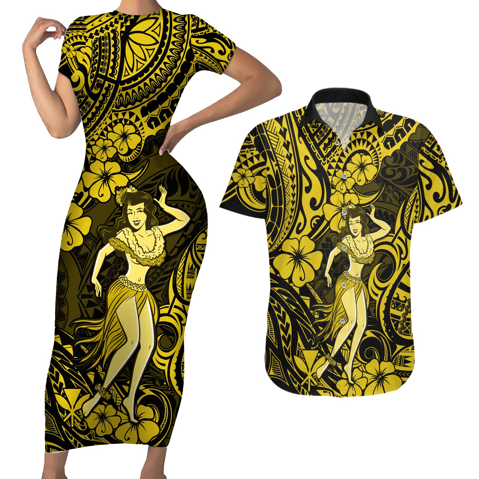 Hawaii Hula Girl Couples Matching Short Sleeve Bodycon Dress and Hawaiian Shirt Hibiscus Hawaii Tribal Tattoo Yellow Version LT01 Yellow - Polynesian Pride