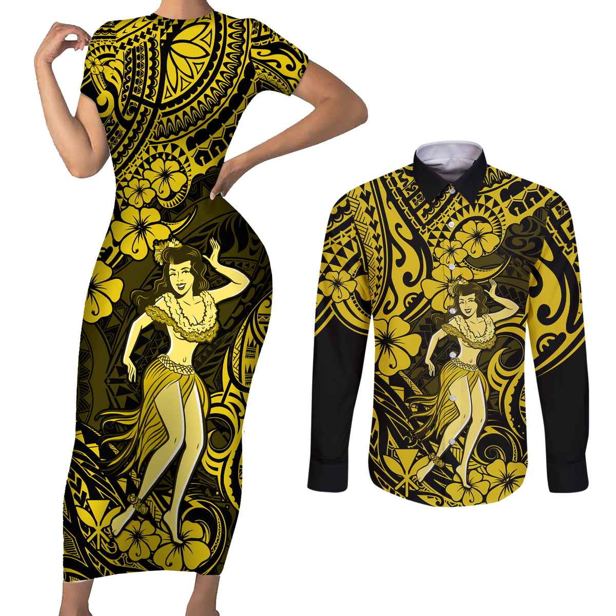 Hawaii Hula Girl Couples Matching Short Sleeve Bodycon Dress and Long Sleeve Button Shirts Hibiscus Hawaii Tribal Tattoo Yellow Version LT01 Yellow - Polynesian Pride
